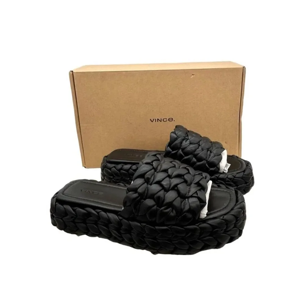Vince Pompei Braided Leather Platform Slide Sandals Black Women’s 8.5 New
